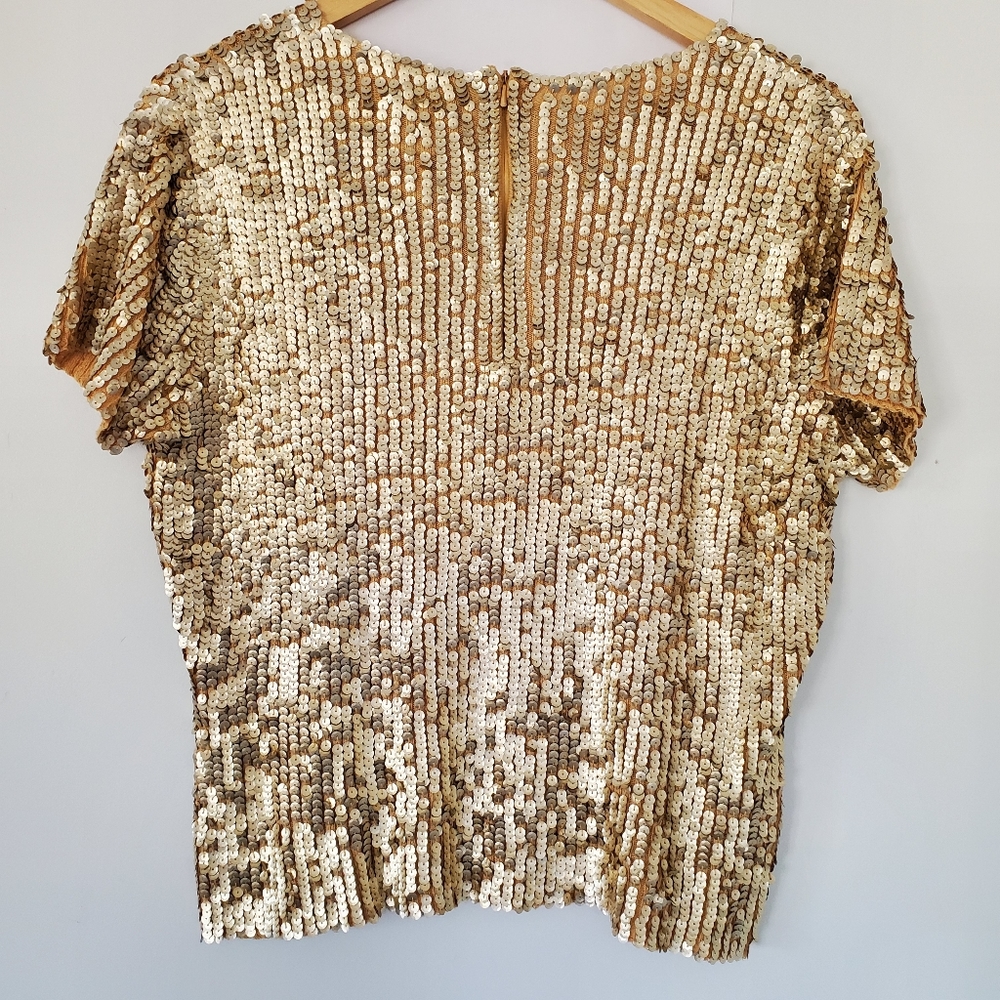 VINTAGE OSCAR DE LA RENTA Sz L Gold Sequin Short Sleeve Sweater Top Zip GLITZY - Picture 10 of 16